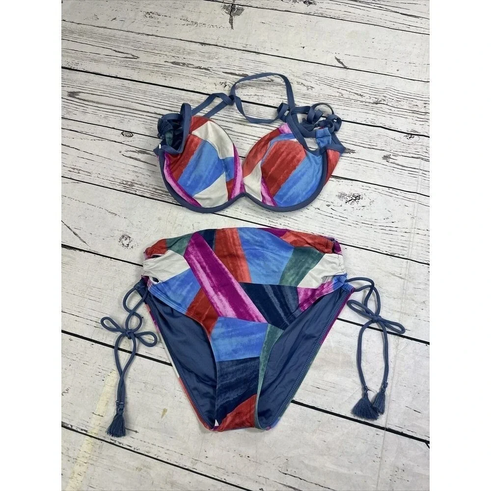 Robin Piccone Women Abstract Geometric Bikini Underwire Top High Waist Bottoms